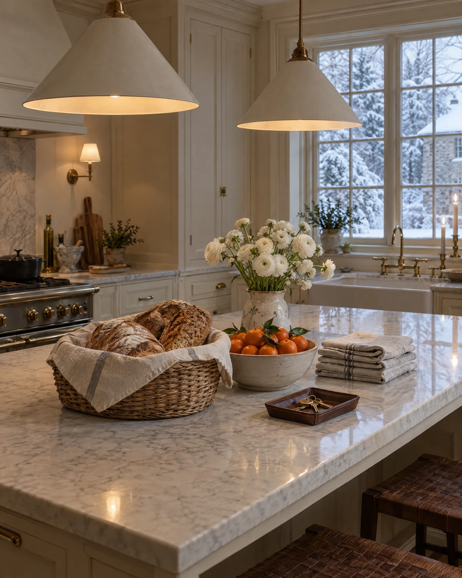 A cream kitchen island with fresh bread, clementines, folded linens and house keys set out in a leather tray.